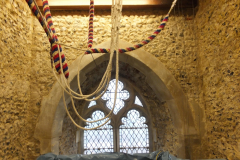 Removing hard internal render within the two lower chambers of the tower. Underneath the render the tower was visibly damp with water seeping out. Removing this hard outer “skin” is allowing the tower to dry out. Ventilation will be improved in this part to the tower to assist drying